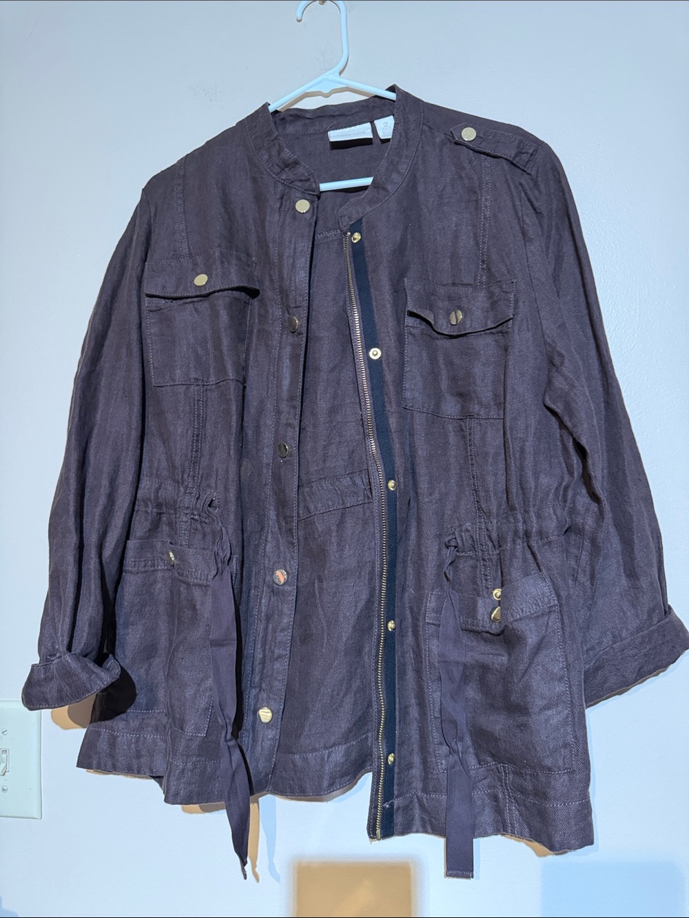 Chico's Dark Brown Utility Jacket with Drawstring Waist linen